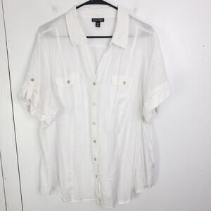Roz Ali TOp Womens 2X Button Down Semi Sheer Lightweight Cuffed Short Sleeves